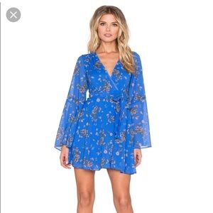 Free People Lilou Blue Floral Long Sleeve Mini Dress Women’s Small Boho Chic